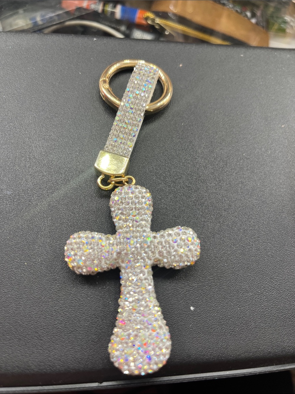 Crystal-Embellished Cross Keychain - Gold Hardware